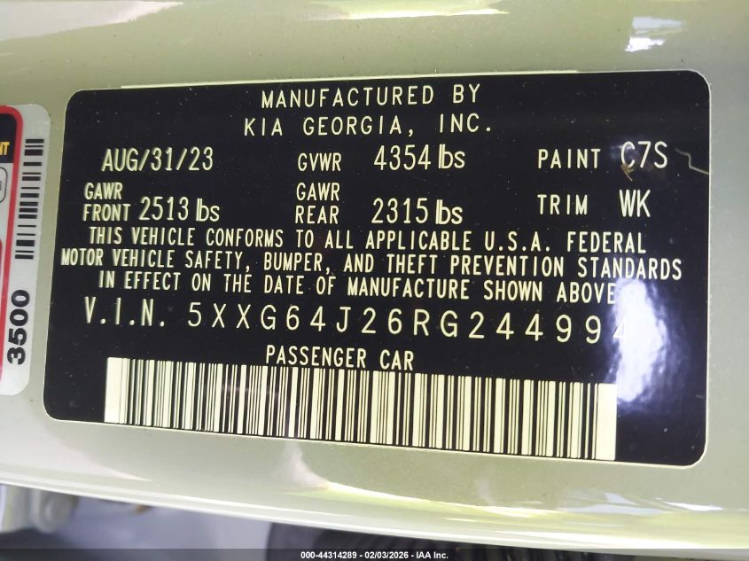 2024 Kia K5 Gt-Line VIN: 5XXG64J26RG244994 Lot: 44314289