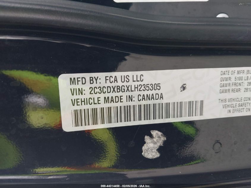 2020 Dodge Charger Sxt Rwd VIN: 2C3CDXBGXLH235305 Lot: 44314458