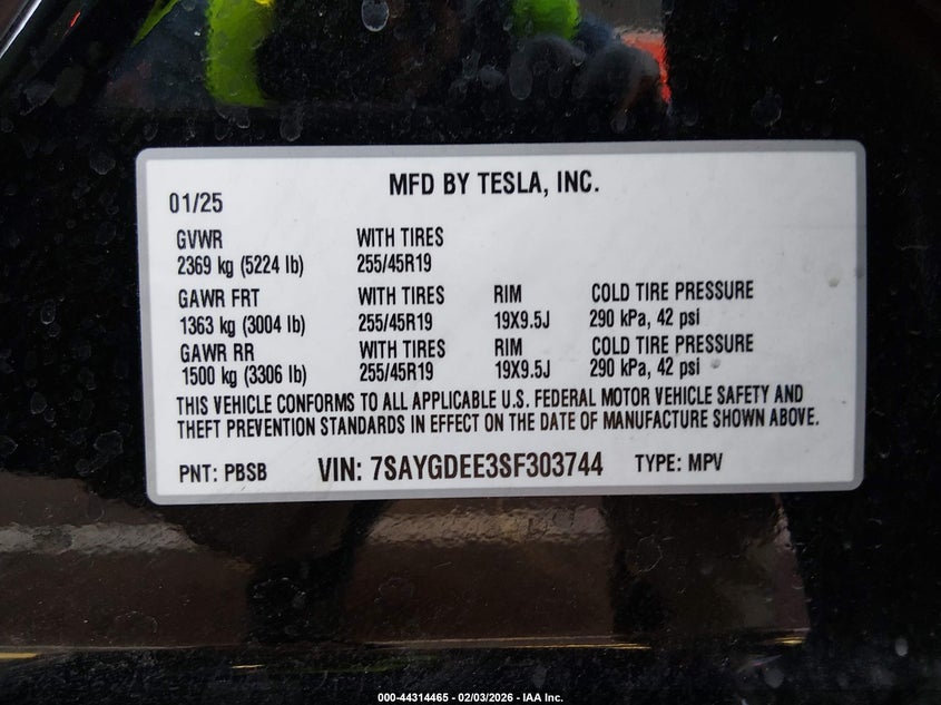 VIN 7SAYGDEE3SF303744 2025 TESLA MODEL Y LONG RANGE DUAL MOTOR ALL-WHEEL DRIVE