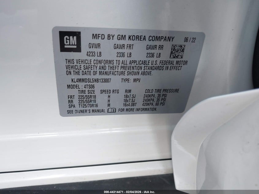 VIN KL4MMDSL5NB133007 2022 BUICK ENCORE GX FWD SELECT