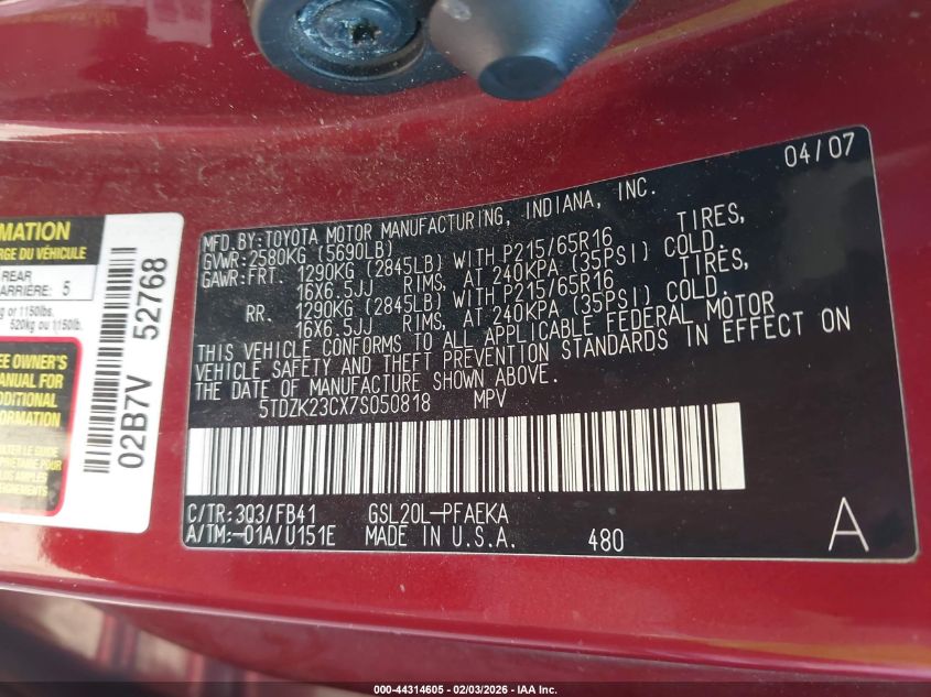 2007 Toyota Sienna Ce VIN: 5TDZK23CX7S050818 Lot: 44314605