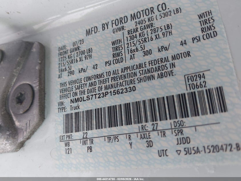 2023 FORD TRANSIT CONNECT 2.0L I-4 DI, DOHC, V(VIN: NM0LS7T23P1562330