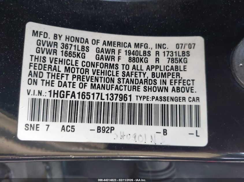 2007 Honda Civic Lx VIN: 1HGFA16517L137961 Lot: 44314823