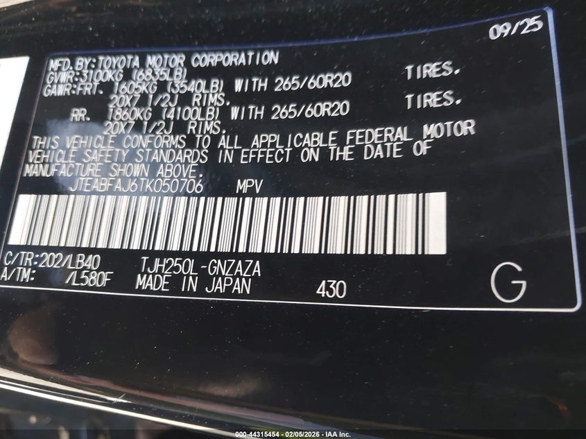 2026 Toyota Land Cruiser VIN: JTEABFAJ6TK050706 Lot: 44315454