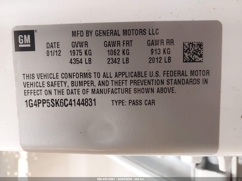 2012 Buick Verano 2.4 white Lot 111044315561 Vin 1G4PP5SK6C4144831