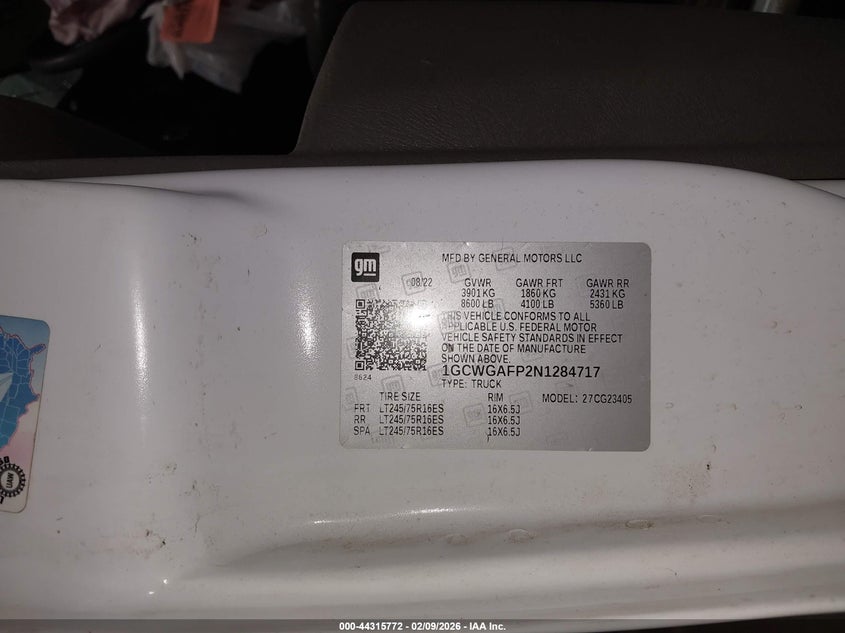 VIN 1GCWGAFP2N1284717 2022 CHEVROLET EXPRESS CARGO RWD 2500 REGULAR WHEELBASE WT