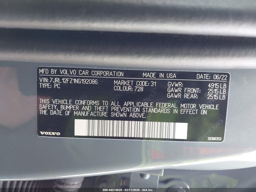 VIN 7JRL12FZ1NG192086 2022 VOLVO S60 B5 INSCRIPTION/B5 MOMENTUM