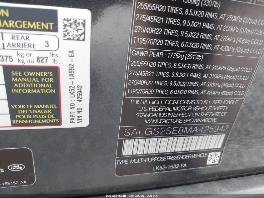 2021 Land Rover Range Rover P525 Westminster VIN: SALGS2SE8MA425942 Lot: 44315948