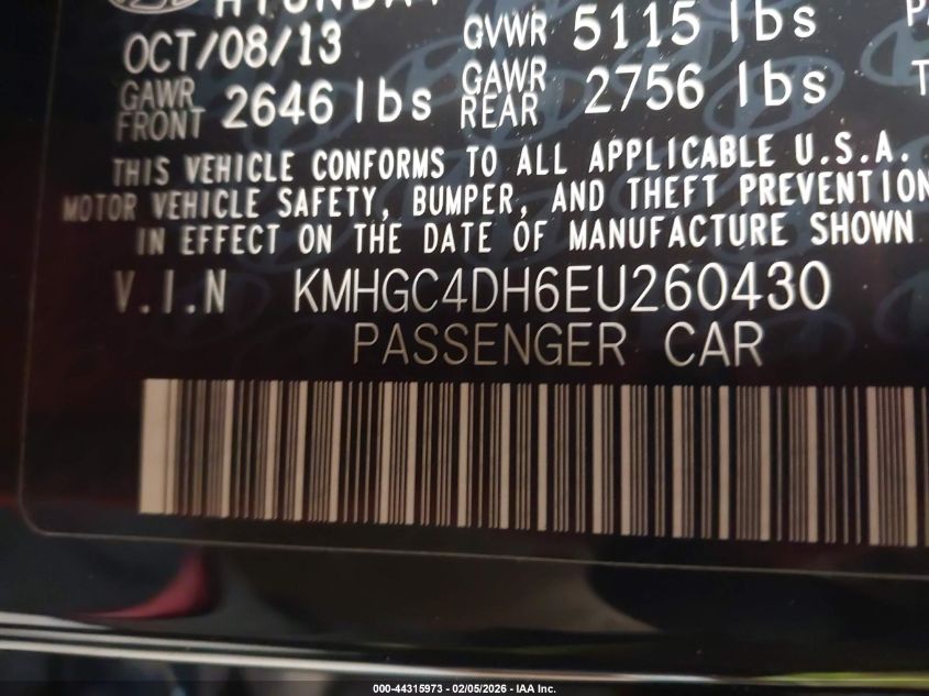 2014 Hyundai Genesis 5.0 R-Spec VIN: KMHGC4DH6EU260430 Lot: 44315973