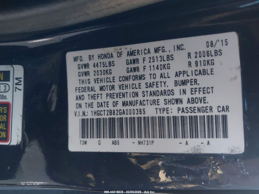 2016 Honda Accord Ex-L V-6 VIN: 1HGCT2B82GA000395 Lot: 44316038