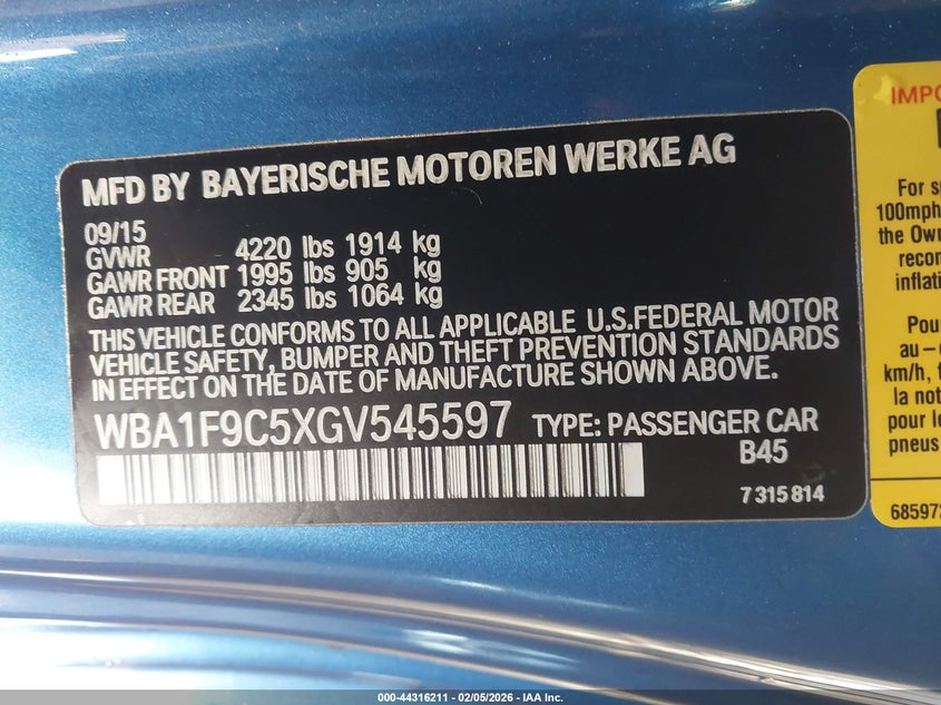 2016 BMW 228I VIN: WBA1F9C5XGV545597 Lot: 44316211