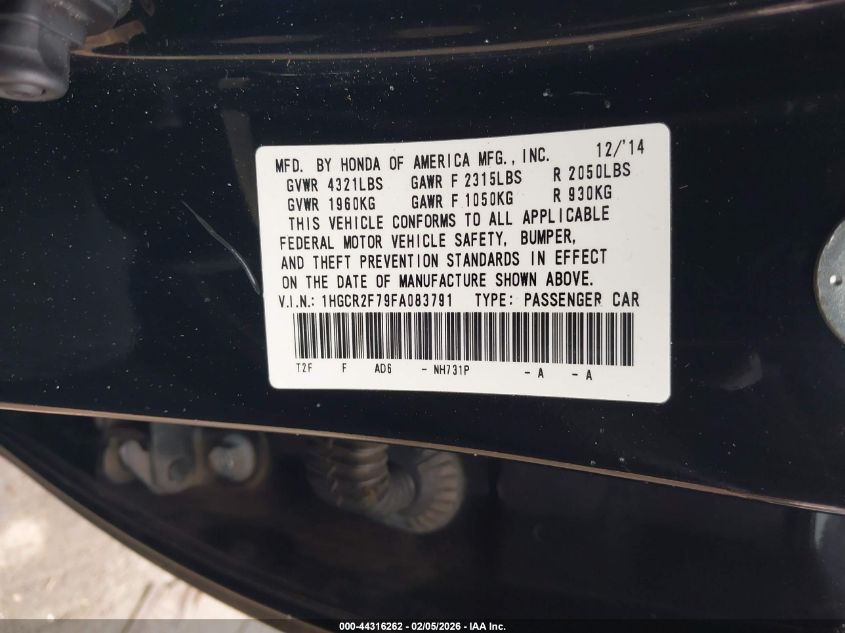 2015 Honda Accord Ex VIN: 1HGCR2F79FA083791 Lot: 44316262