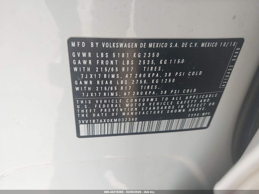 2019 Volkswagen Tiguan 2.0T S VIN: 3VV1B7AX0KM032340 Lot: 44316365