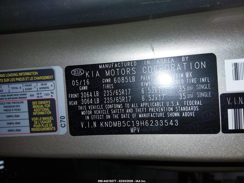 2017 Kia Sedona Lx VIN: KNDMB5C19H6233543 Lot: 44316377