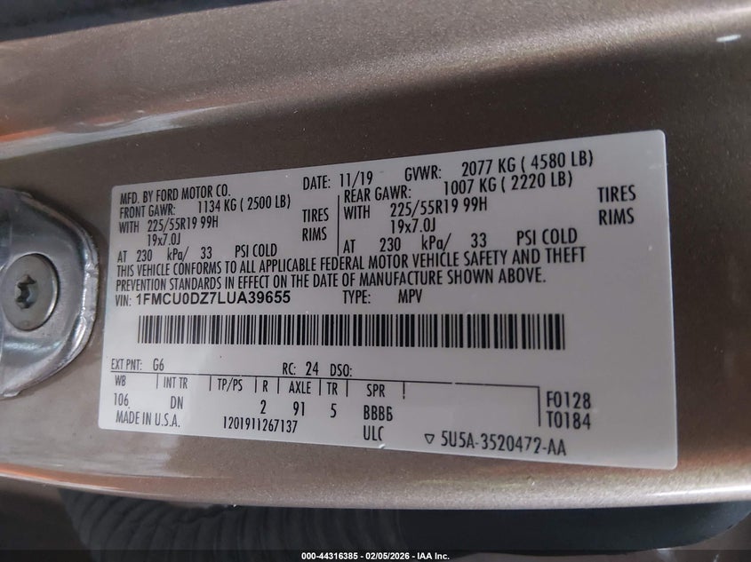 VIN 1FMCU0DZ7LUA39655 2020 FORD ESCAPE TITANIUM HYBRID