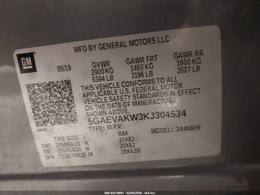 2019 Buick Enclave Awd Essence VIN: 5GAEVAKW3KJ304534 Lot: 44316891