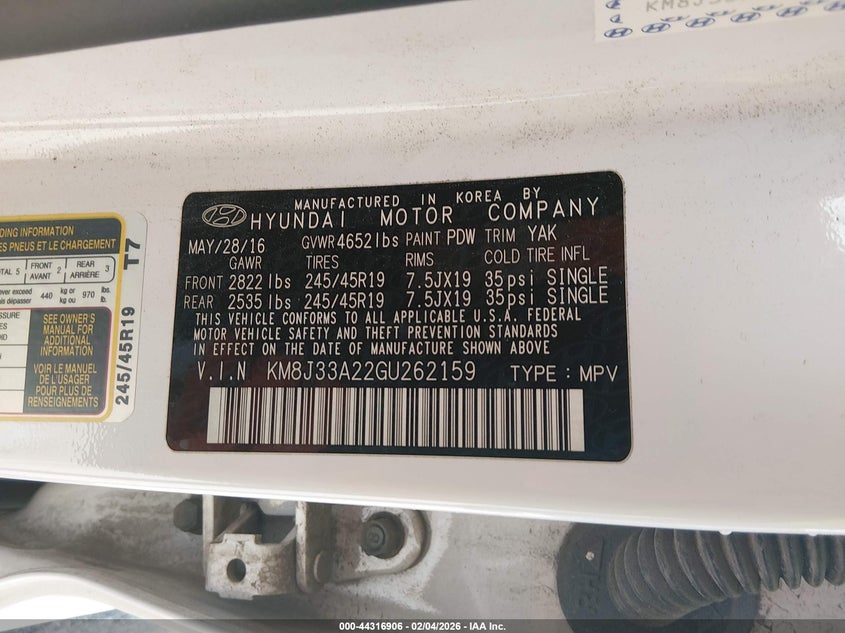2016 Hyundai Tucson Limited VIN: KM8J33A22GU262159 Lot: 44316906