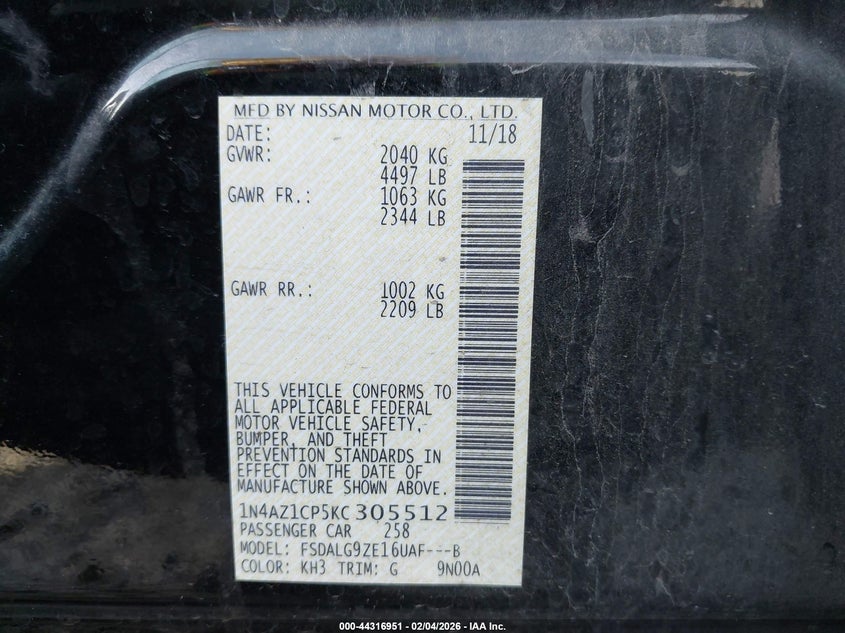 2019 Nissan Leaf Sl VIN: 1N4AZ1CP5KC305512 Lot: 44316951