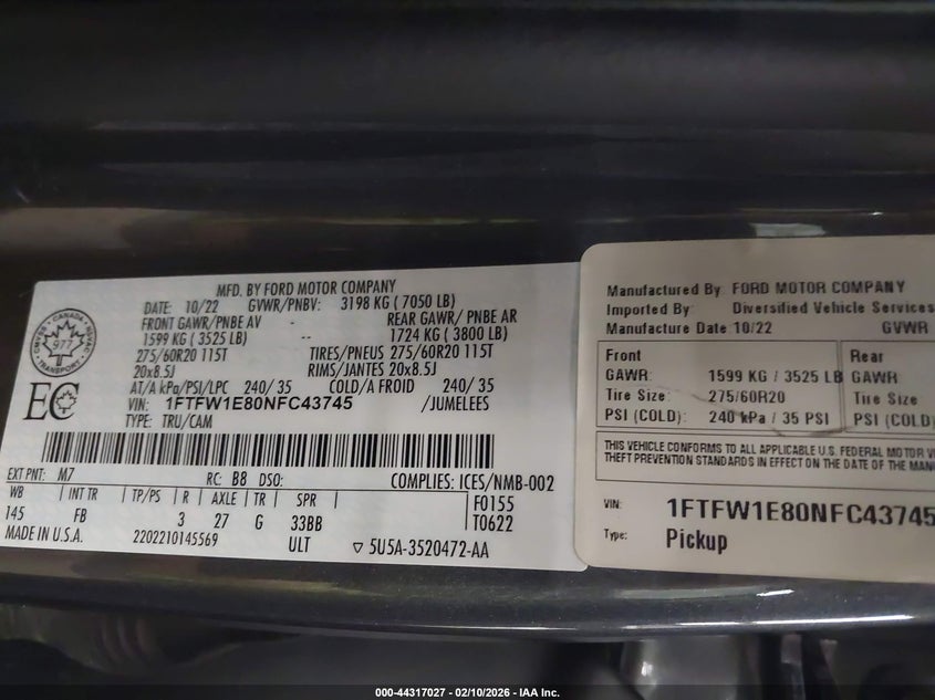 2022 Ford F-150 Xlt VIN: 1FTFW1E80NFC43745 Lot: 44317027