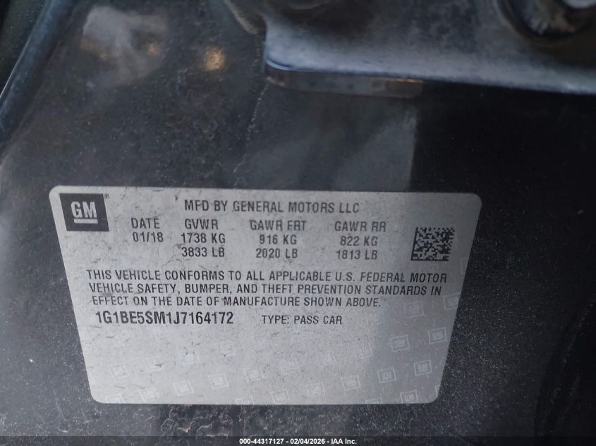 2018 Chevrolet Cruze Lt Auto VIN: 1G1BE5SM1J7164172 Lot: 44317127