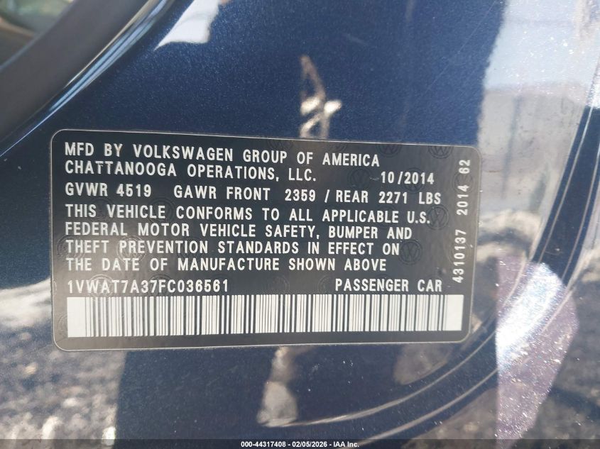 2015 Volkswagen Passat 1.8T Wolfsburg Edition VIN: 1VWAT7A37FC036561 Lot: 44317408