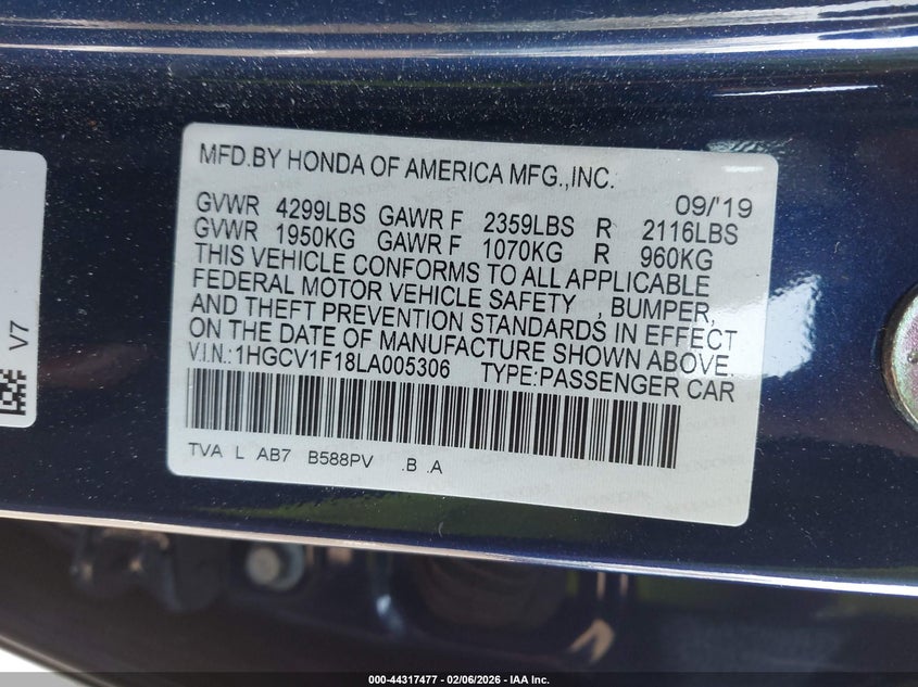 VIN 1HGCV1F18LA005306 2020 HONDA ACCORD LX