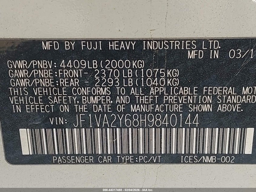 2017 Subaru Wrx Sti Limited VIN: JF1VA2Y68H9840144 Lot: 44317488