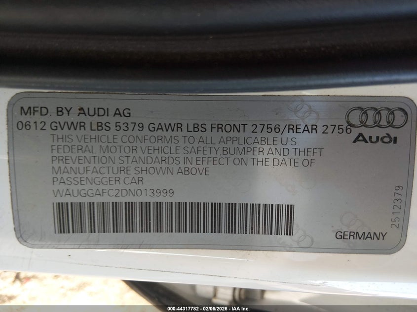 2013 Audi A6 3.0T Premium VIN: WAUGGAFC2DN013999 Lot: 44317782