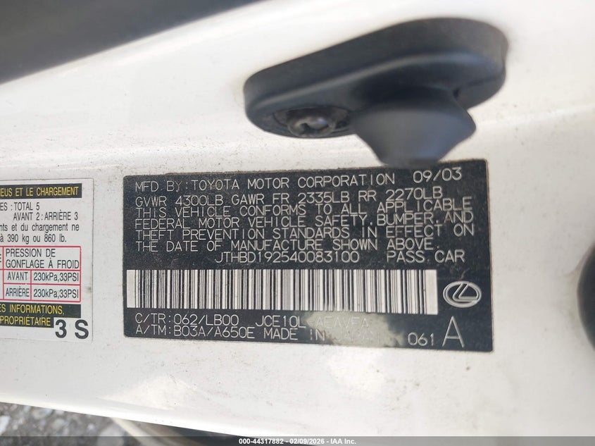 2004 Lexus Is 300 VIN: JTHBD192540083100 Lot: 44317882