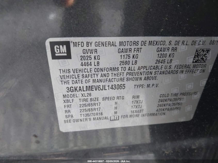 2018 GMC Terrain Sle VIN: 3GKALMEV6JL143065 Lot: 44318007