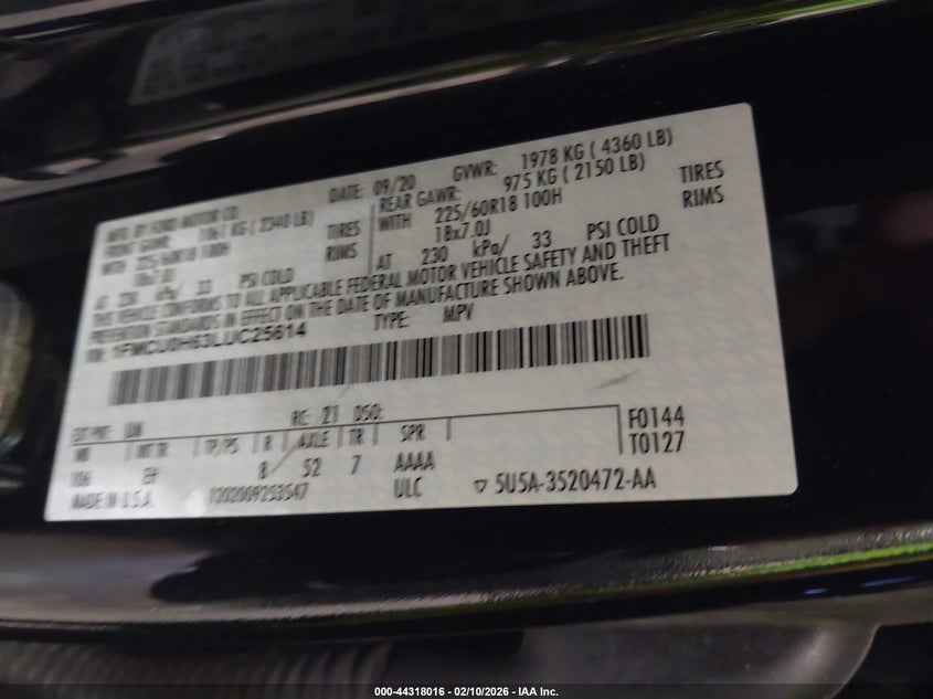 2020 Ford Escape Sel VIN: 1FMCU0H63LUC25614 Lot: 44318016