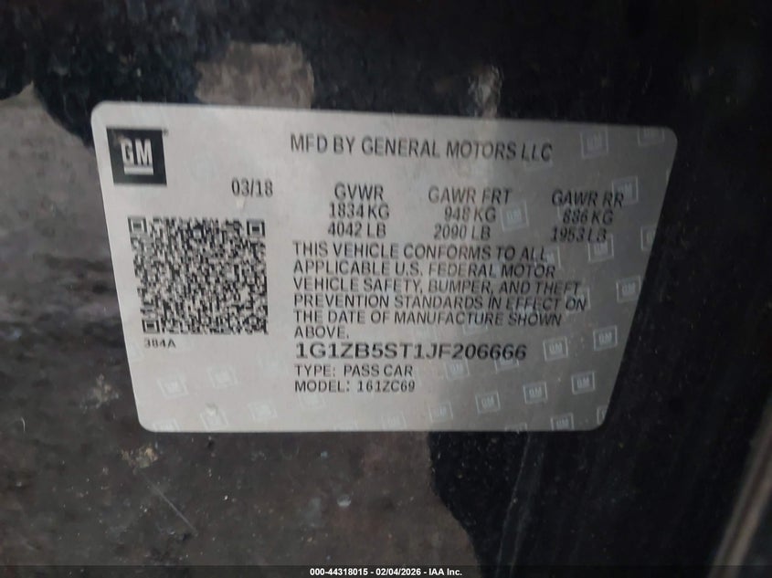 2018 Chevrolet Malibu 1Ls VIN: 1G1ZB5ST1JF206666 Lot: 44318015