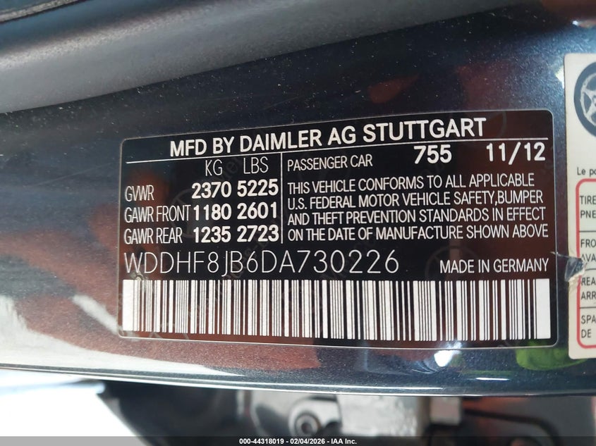 2013 Mercedes-Benz E 350 4Matic VIN: WDDHF8JB6DA730226 Lot: 44318019