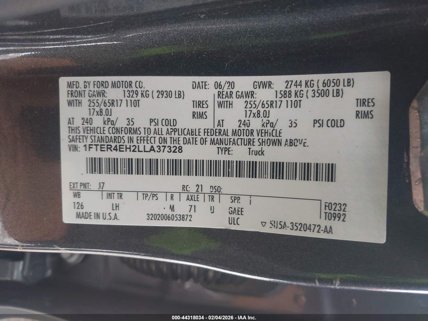 2020 Ford Ranger 2.3 Xlt grey Lot 111044318034 Vin 1FTER4EH2LLA37328