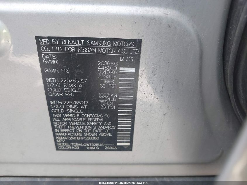 2017 Nissan Rogue Sv VIN: KNMAT2MT8HP538380 Lot: 44318091