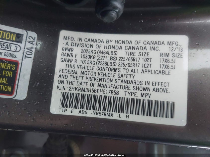 2014 Honda Cr-V Ex VIN: 2HKRM3H56EH517858 Lot: 44318092