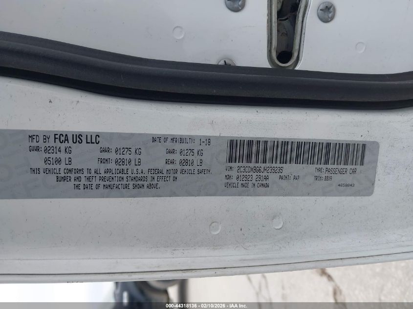 2018 Dodge Charger Sxt Rwd VIN: 2C3CDXBG6JH239235 Lot: 44318136