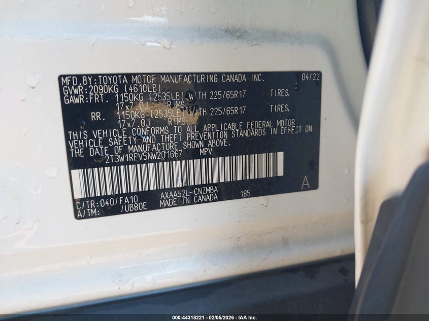 VIN 2T3W1RFV5NW201667 2022 TOYOTA RAV4 XLE