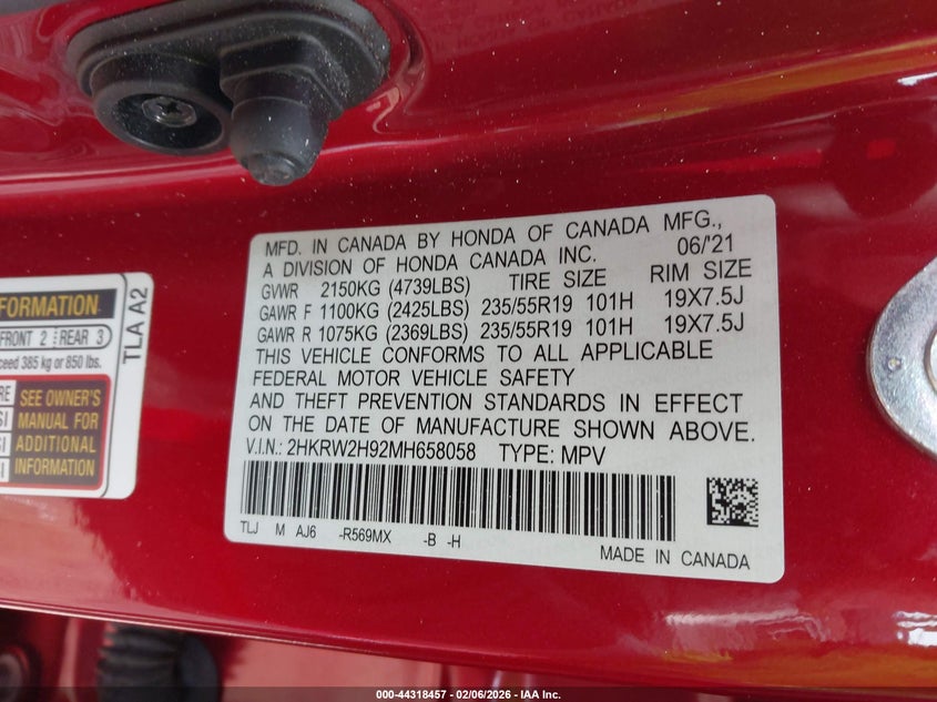 VIN 2HKRW2H92MH658058 2021 HONDA CR-V AWD TOURING