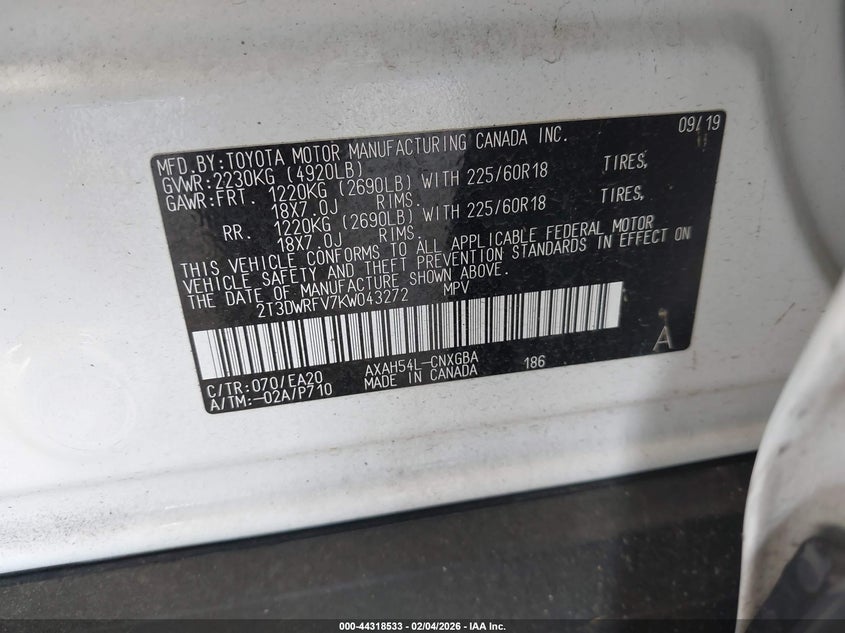 VIN 2T3DWRFV7KW043272 2019 TOYOTA RAV4 HYBRID LIMITED