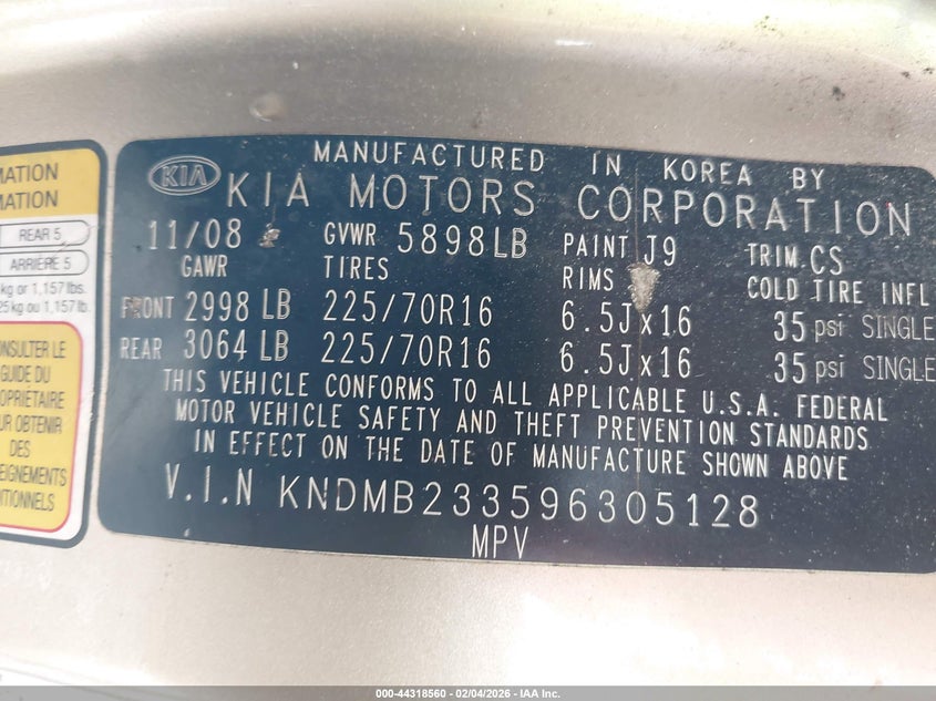 2009 Kia Sedona Lx VIN: KNDMB233596305128 Lot: 44318560