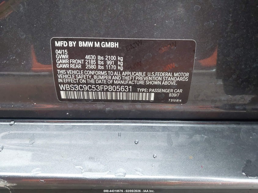 2015 BMW M3 VIN: WBS3C9C53FP805631 Lot: 44318576