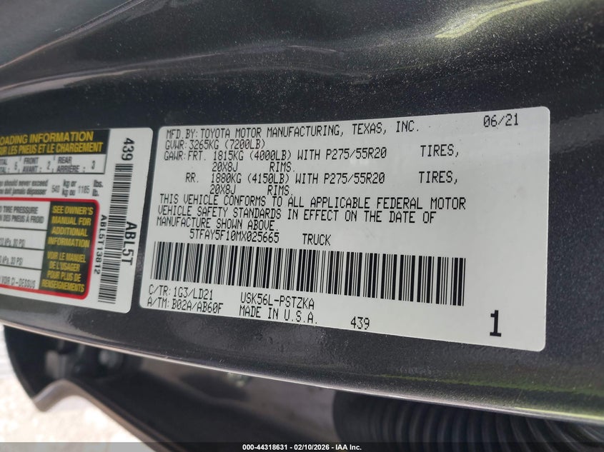 2021 Toyota Tundra 1794 Edition VIN: 5TFAY5F10MX025665 Lot: 44318631