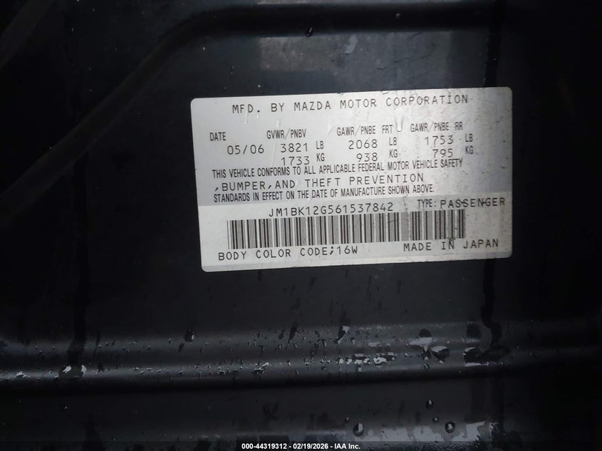 2006 Mazda Mazda3 I VIN: JM1BK12G561537842 Lot: 44319312