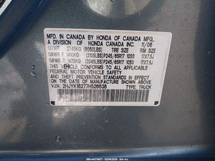 2007 Honda Ridgeline Rt VIN: 2HJYK16277H526638 Lot: 44319437