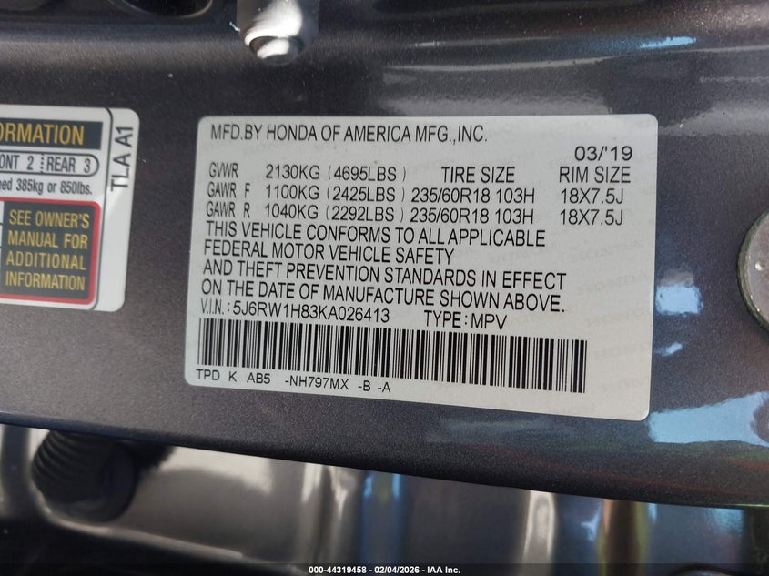 2019 Honda Cr-V Ex-L VIN: 5J6RW1H83KA026413 Lot: 44319458