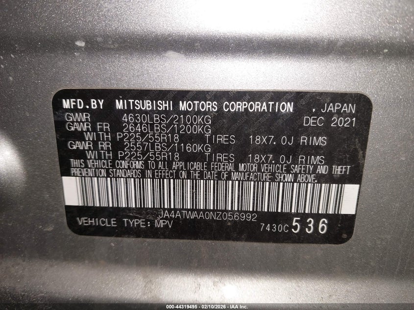 2022 Mitsubishi Eclipse Cross Se S-Awc/Se Special Edition S-Awc/Sel S-Awc/Sel Special Edition S-Awc VIN: JA4ATWAA0NZ056992 Lot: 44319495