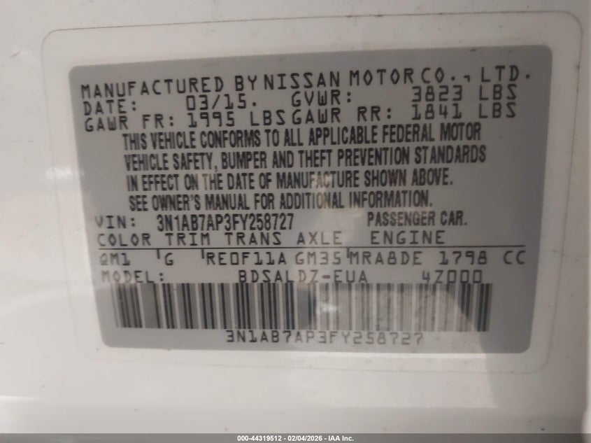 2015 Nissan Sentra Fe+ S/S/Sl/Sr/Sv VIN: 3N1AB7AP3FY258727 Lot: 44319512