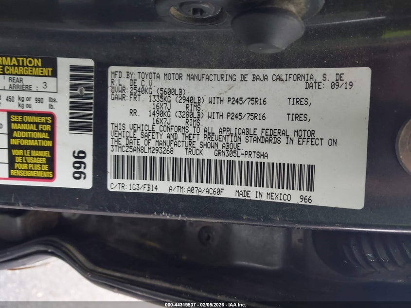 VIN 3TMCZ5AN8LM293268 2020 TOYOTA TACOMA SR V6