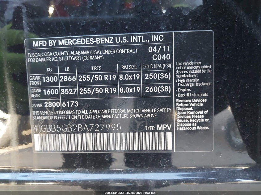 2011 Mercedes-Benz Ml 350 VIN: 4JGBB5GB2BA727995 Lot: 44319555